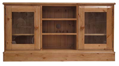 PINE ENTERTAINMENT UNIT WITH 2 GLASS DOORS AND DRAWER.THE DRAWER HAS DOVETAILED JOINTS WITH TONGUE