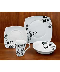 4 place settings.Soft square shape with an oriental floral design.Set includes 4 dinner plates, 4 si
