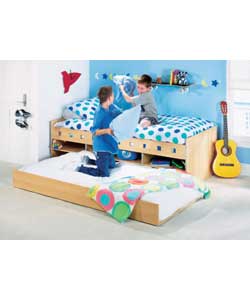 Beech effect, with decorative cut-outs on side rails and pull-out trundle bed.Includes 2 comfort