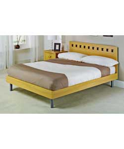 Oak effect bed with decorative headboard. Includes luxury firm mattress. Size (W)142, (L)195,