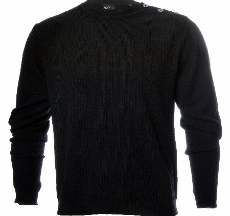 P.S Paul Smith Classic Buttoned Shoulder Crew Neck Jumper in a Ribbed knitted soft Black wool the ribbed texture of the knit adds a natural stretch for added fit the three fully functional buttons running down the left shoulder seam are made from mot