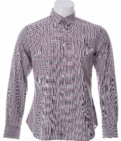 P.S Paul Smith Long sleeved small check slim fitted shirt the small checks are made up of the colours black white and purple this casual fitted shirt features double cuffs four branded button detail on the sleeves and full front button fastening with