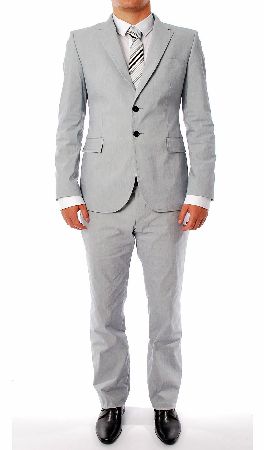 P.S Paul Smith Fine striped navy and white suit in a soft cotton with elastane stretch  the jacket is fully lined and the trousers are lined to the knee.   The Suit jacket has a double button fasterning front  a single vent at the back  notched lapel