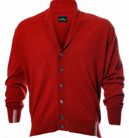 P.S Paul Smith Gents Knitwear Cardigan with a shawl collar and stripes on the left sleeve and right hip. Fabric:100%Cotton Knitted Colour:Red Care:Hand Wash
