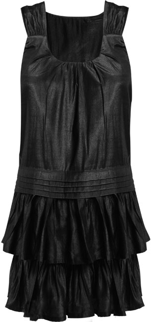 Drope waist wetlook dress with tier detail, 55 Polyester 45 Cotton Lining 100 Polyester. Length 68cm