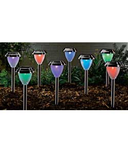 Stainless steel and polypropylene colour changing non-replaceable LED solar lights.For outdoor use o