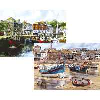Two archetypal British holiday scenes: sun shining and boats bobbing in Padstow Harbour and St