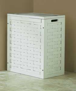 White satin finish MDF laundry basket with top and sides in a wicker weave style.Capacity approx. 5.