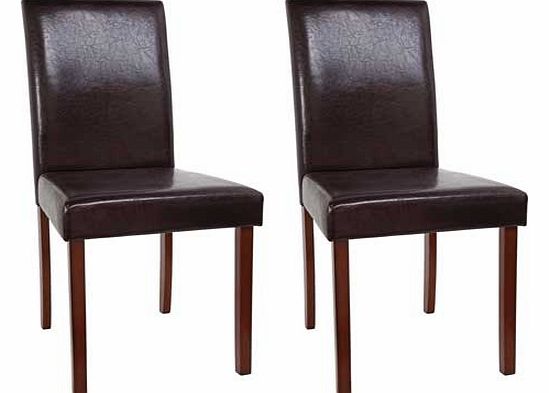 Enjoy a comfortable chocolate leather effect dining chair with walnut effect legs. A modern design looks great in the dining room for family use or entertaining. Seat height 46cm. Walnut stain finish. Leather effect seat cover. Wood frame. Rubberwood