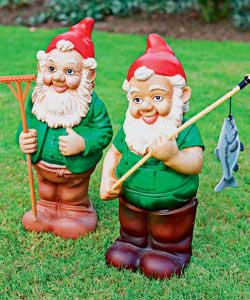 Pair of large gnomes made from resin. Multi-coloured. Size (H)42, (W)16, (D)20cm.