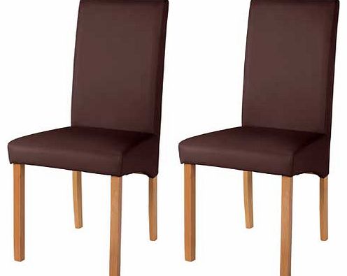 This pair of dining chairs features a stunning oak finish and a skirted chocolate leather effect seat. A stylish. modern design. these chairs look great in the dining room. Supplied as a pair. Oak finish. Rubberwood legs. Packed flat for home assembl