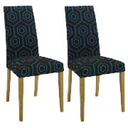 Unbranded Pair of Lucca Chairs, Teal Geometric with oak legs