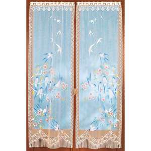 Pair of straight lace curtains with a swallow motif. Ready to hang with rail holes. Fringed edging. 