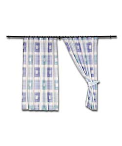 Pair of Stripe/Check Curtains with Tie-backs - Blue
