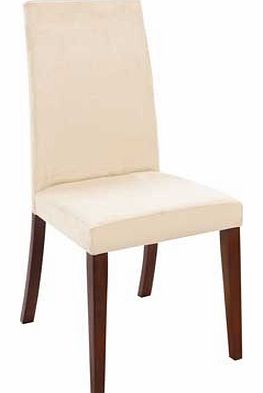 This pair of dining chairs comes in an walnut finish with a quality wooden frame. The light cream leather effect seat adds a comfortable. modern feel to your dining room. Supplied as a pair. Seat height 46cm. Walnut stain finish. Leather effect seat 