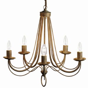 A five arm chandelier in cream metalwork brushed w