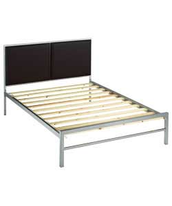 Double metal bedstead with faux leather luxury upholstered headboard. Overall size (H)100, (W)143,