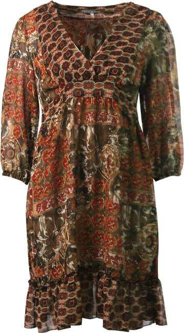 Chiffon print with lurex 3/4 sleeve tunic. 100 Polyester. Length 90cm at back.