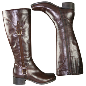 A knee length boot from Jones Bootmaker. With overlaid Leather and stitch detail to top, a decorativ
