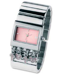 Chrome finish case and bracelet with charms.Pink vertically brushed dial.Quartz analogue movement