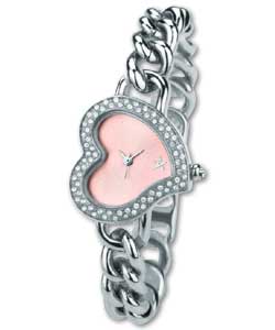 Chrome finish case with clear stones.Shiny chrome finish chain.Pink sunray dial.Quartz analogue