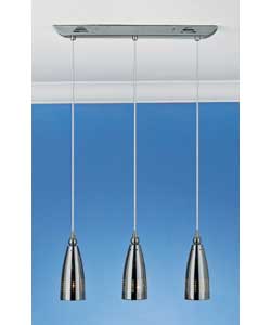 Satin silver finish.Drop 78cm.Width 48cm.Requires 3 x 40 watt SES candle bulbs (supplied)