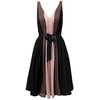 Pleated silk panel dress with V front and back. Ribbon tie belt. Hand wash. Silk. Length approx. 102