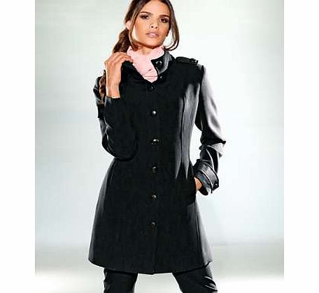 Tailored, single-breasted coat with stand-up collar, 2 pockets and faux leather on the shoulder and cuff.Patrizia Dini Coat Features: Washable Lining: 100% Polyester 63% Polyester, 33% Viscose, 4% Elastane Lined Length approx. 82 cm (32 ins)