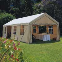Dimensions: (H) 3500mm x (W) 4000mm x (D) 9000mm, PVC coated canopy with steel poles, Weather