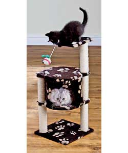 Tall scratcher house features soft, warm plush covered area for sleeping, two platforms for your cat