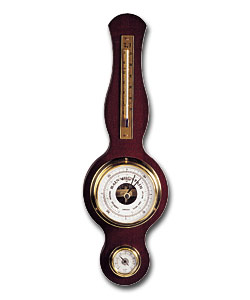Mahogany effect.Fitted with thermometer and hygrometer.Height 43cm.No batteries required