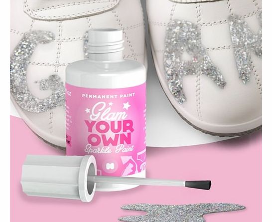 Permanent Sparkle Paint This Glam Your Own is permanent glitter paint is silver and comes in a 20ml pot with a brush attached to the inside of the lid. It measures around 7.3 cm x 3 cm x 3 cm and is great for shoes, bags, clothing, bikes, phone cases