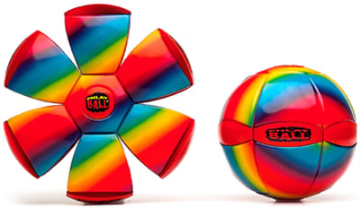 Phlat Ball is a unique sports toy that transforms from a flying disc to a ball when thrown! Its