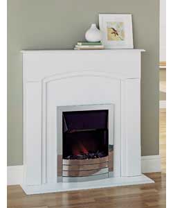 Satin white finished set.Classical lines on this white finished surround with matching hearth, compl