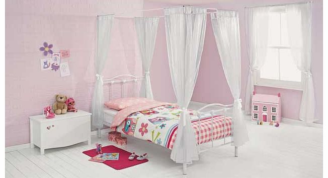 From the Phoebe collection. this four poster bed is perfect for a princess. With white curtains and a metal frame. this bed is both pretty and practical. The Phoebe White Single Four Poster Bed with Elliott Mattress comes packed flat for easy home as