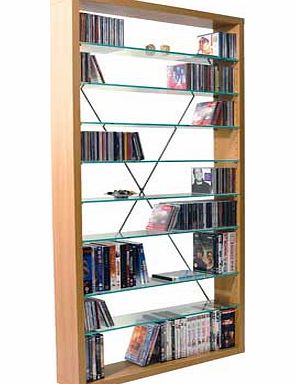 Slimline free standing beech media / storage unit with 9 fully adjustable clear glass shelves and chunky beech effect modern frame. (Only 8 glass shelves shown in the image but 9 are supplied) Designed for DVDs / Blu-rays. computer games. books. CDs.