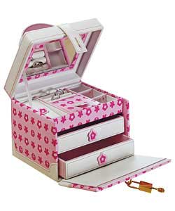 Pink design with cream trim jewel box, fully lined with 2 drawers, inset mirror in lid and gold