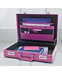 Colour pink.Material PVC.Combination locks.Internal dividers/folio.Carry handle.Size (H)31.8, (W)8.9