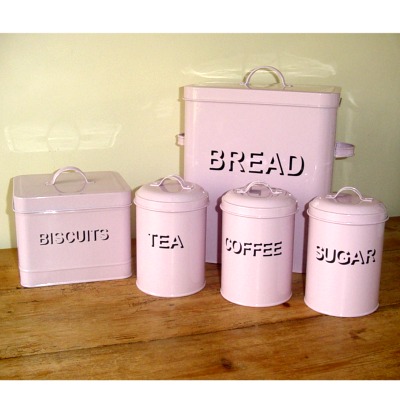 Pink shabby chic Set of Bread & Biscuit Bins plus Tea Coffee & Sugar Canisters  This set of pink