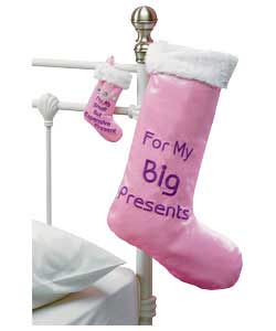 Christmas 2 piece stocking set. Set contains two pink fluffy Christmas stockings. One large