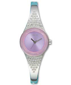 Ladies Spirit Q/A watch with pink dial and clear stone set half bangle
