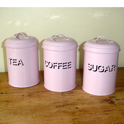 Pink shabby chic Tea Coffee & Sugar Canisters  This set of pink tinware gives your kitchen that