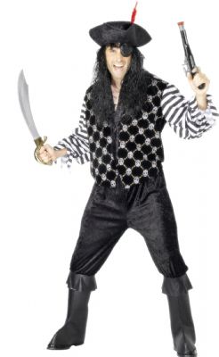 An excellent quality pirate costume that includes shirt  trousers  waistcoat  bootcovers and hat