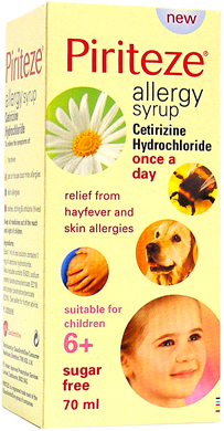 Piriteze Allergy Syrup with Cetirizine Hydrochloride helps to relieve the symptoms of: Hayfever