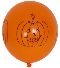 Orange party balloons for Halloween with pumpkins or Jack O`Lanterns printed on. May be filled with 