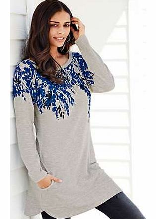 Wow tunic sweatshirt - a winning combination of grey marl and colour! This stylish but casual tunic is a must have buy. Stunning placement print across neckline and tops of sleeves. In loop back fleece with two pockets and shaped hemline. Sweatshirt 