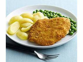 A light plaice fillet coated in golden breadcrumbs. Served with boiled potatoes and peas.