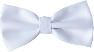 Plain white pre-tied bow tie with adjustable neckband.