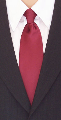 A plain wine red clip-on tie with a smooth, satin finish.
