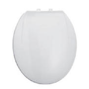A white plastic toilet seat with spot design.  This toilet seat comes complete with fixings.